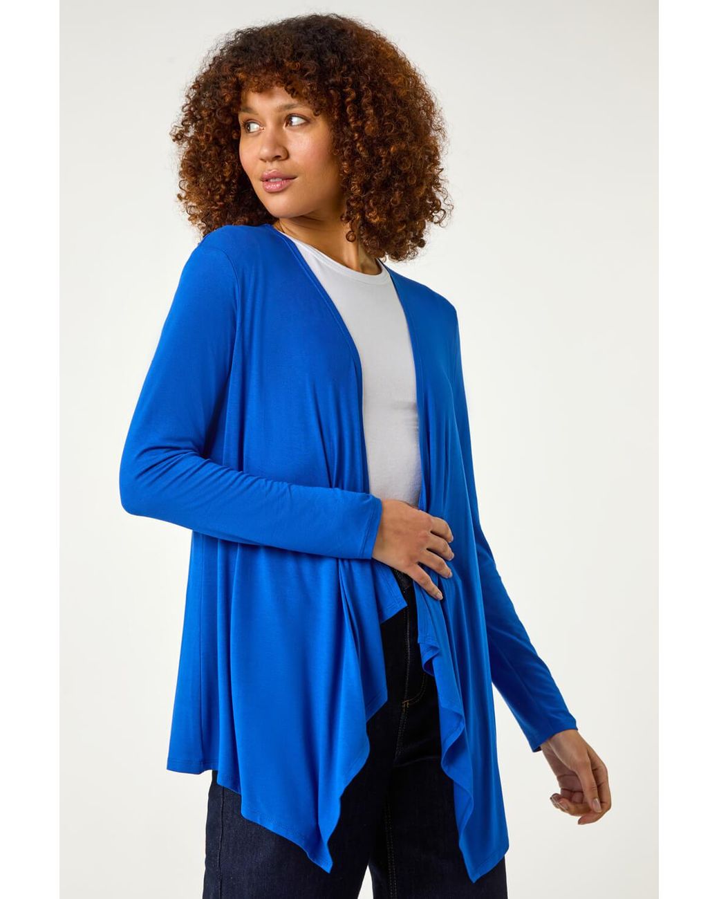 Roman Blue Waterfall Front Jersey Knit Cardigan