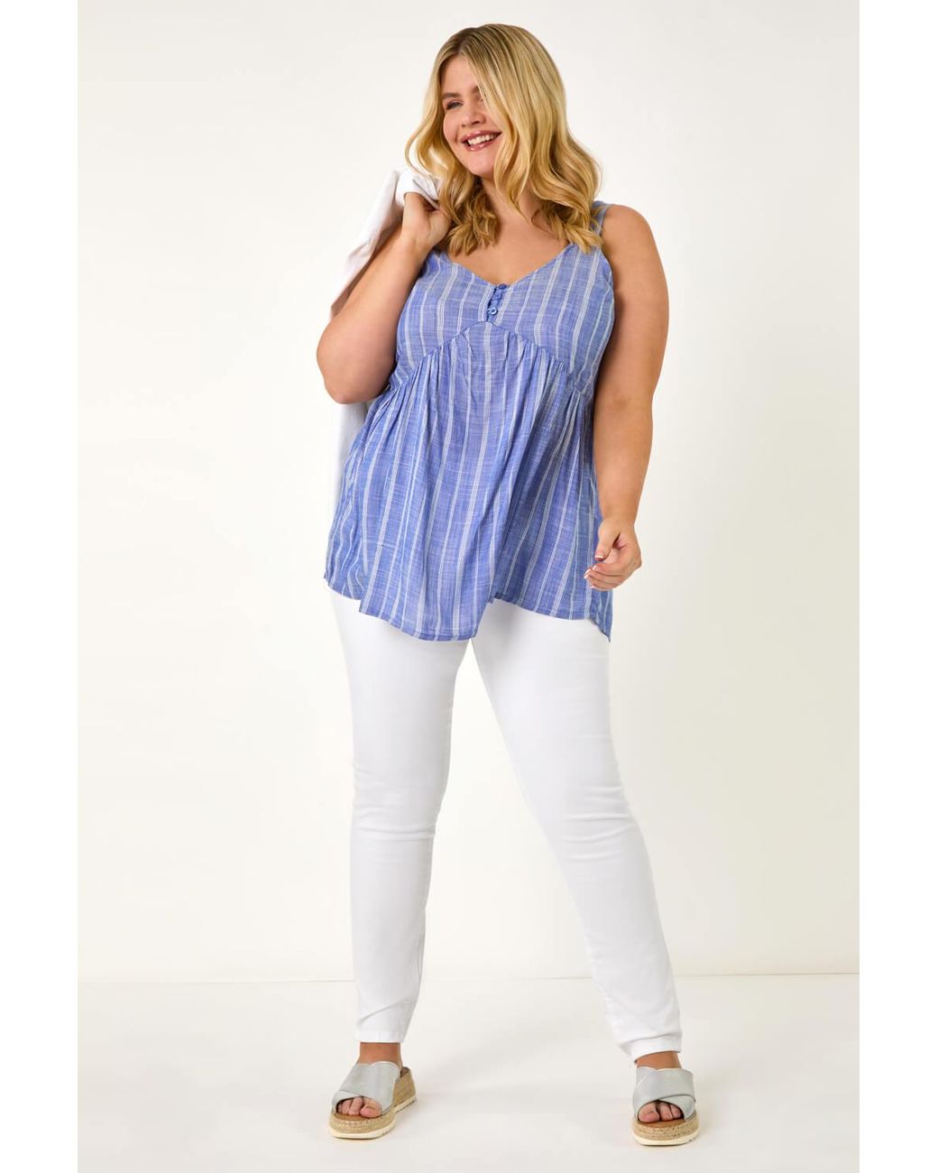 Roman Curve Blue Stripe Woven Button Vest