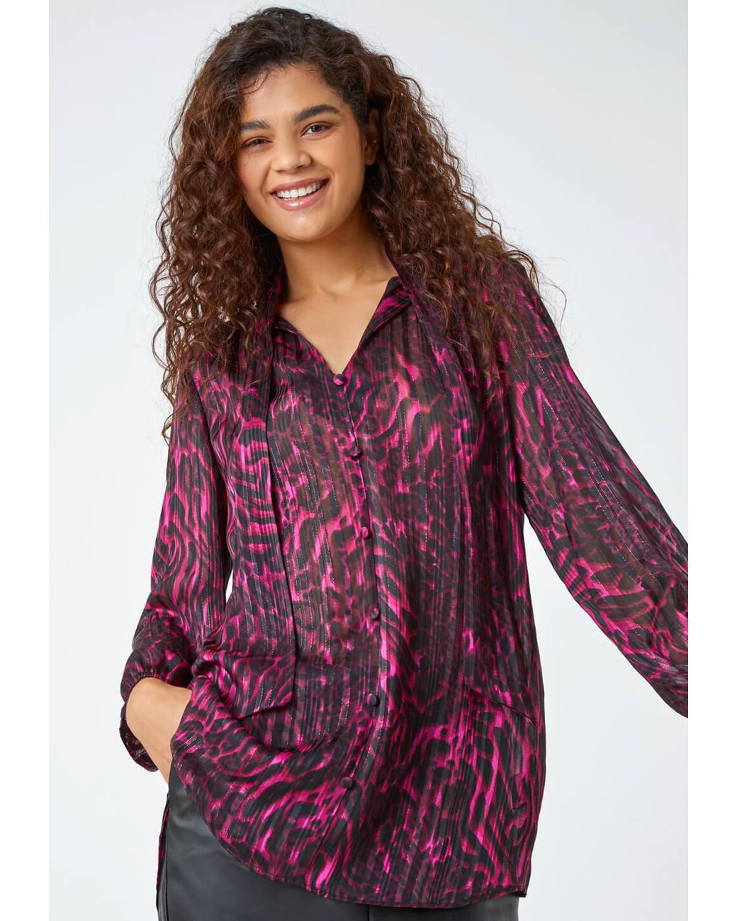 Roman Purple Animal Print Tie Neck Chiffon Top
