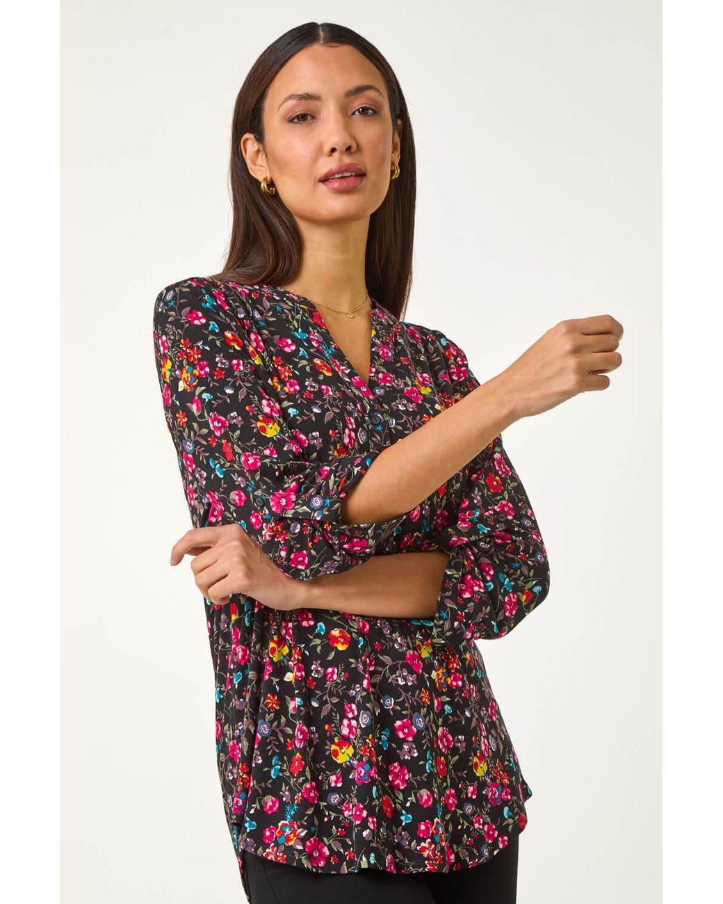 Roman Red Floral Print V-Neck Stretch Top