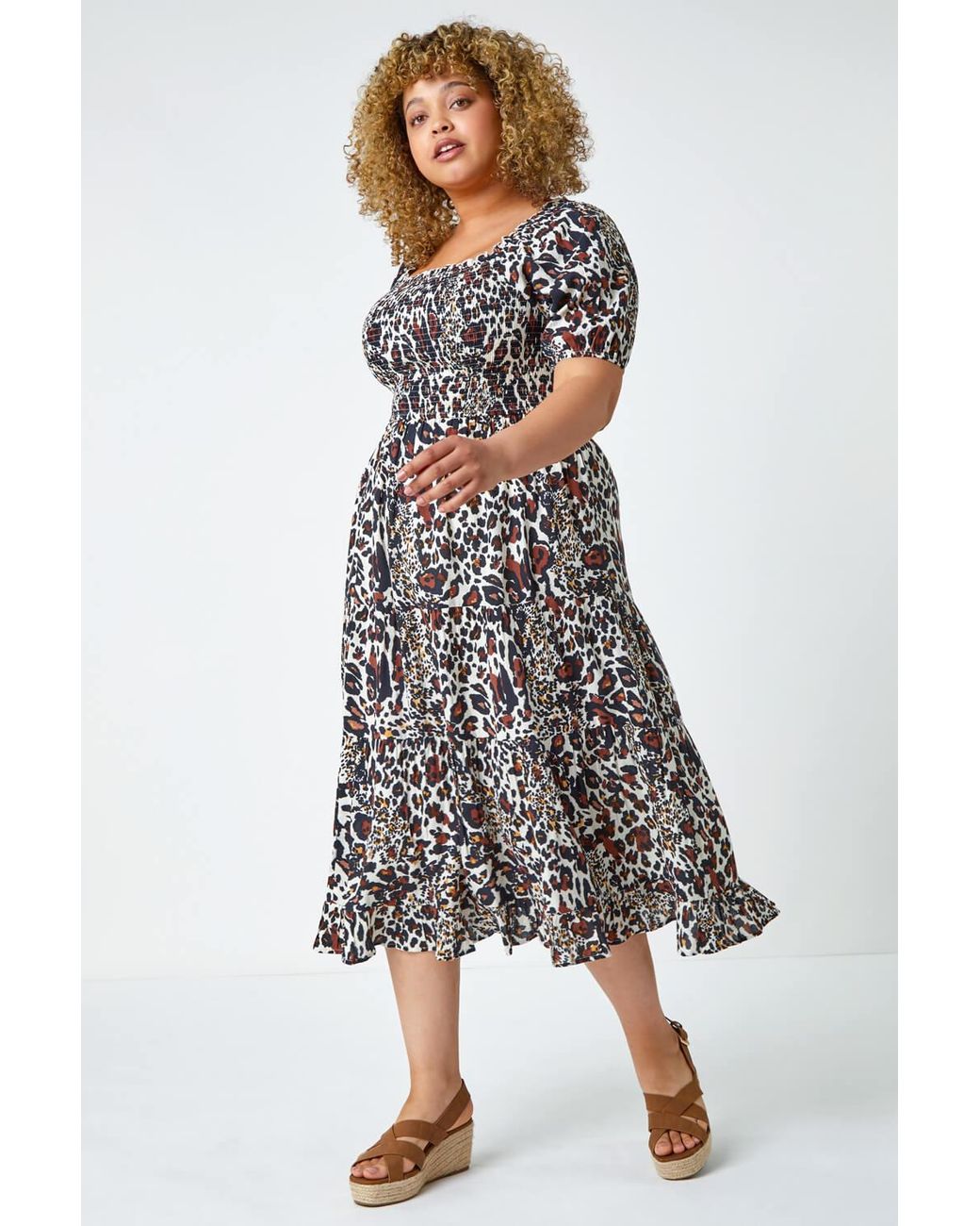Roman Curve White Leopard Print Shirred Tiered Midi Dress
