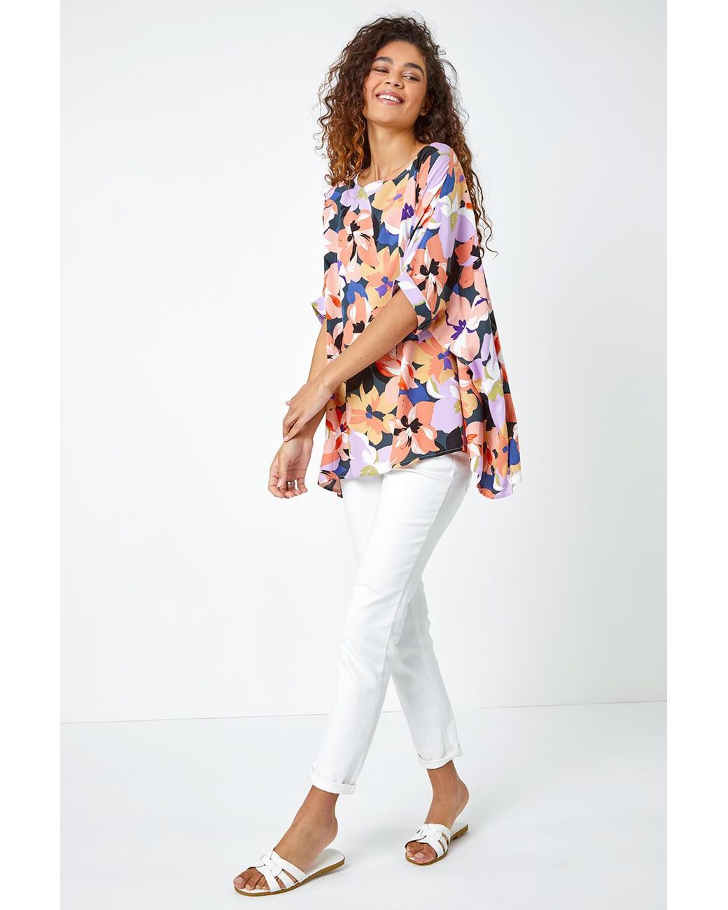Roman White Floral Print Button Back Top