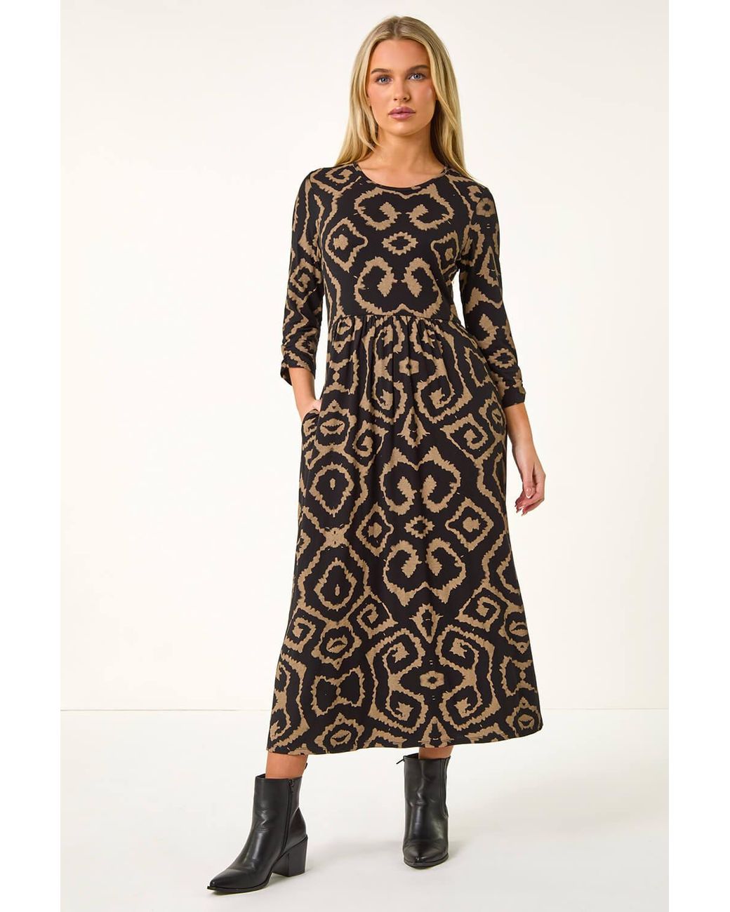Roman Petite Natural Geo Print Gathered Midi Dress