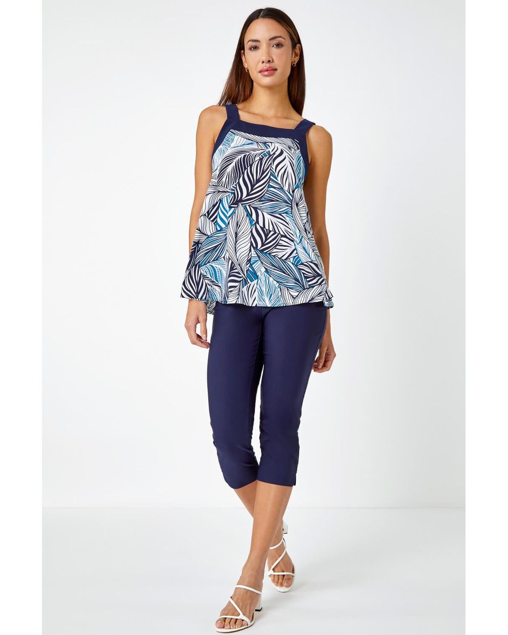 Roman Blue Metallic Leaf Print Cami Top