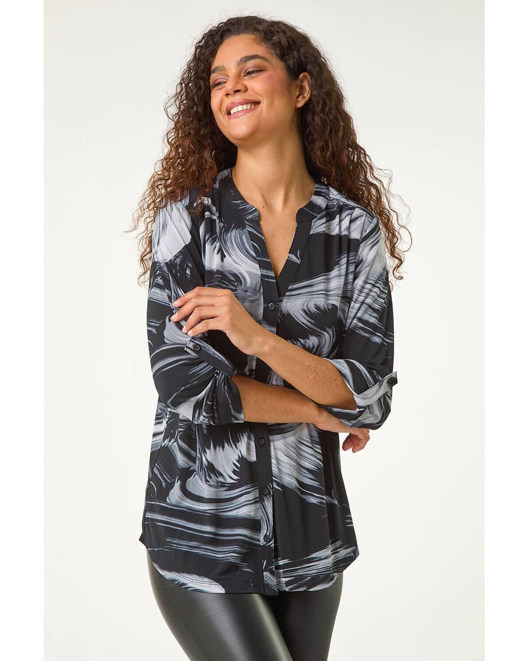 Roman Black Stretch Brushed Print Blouse