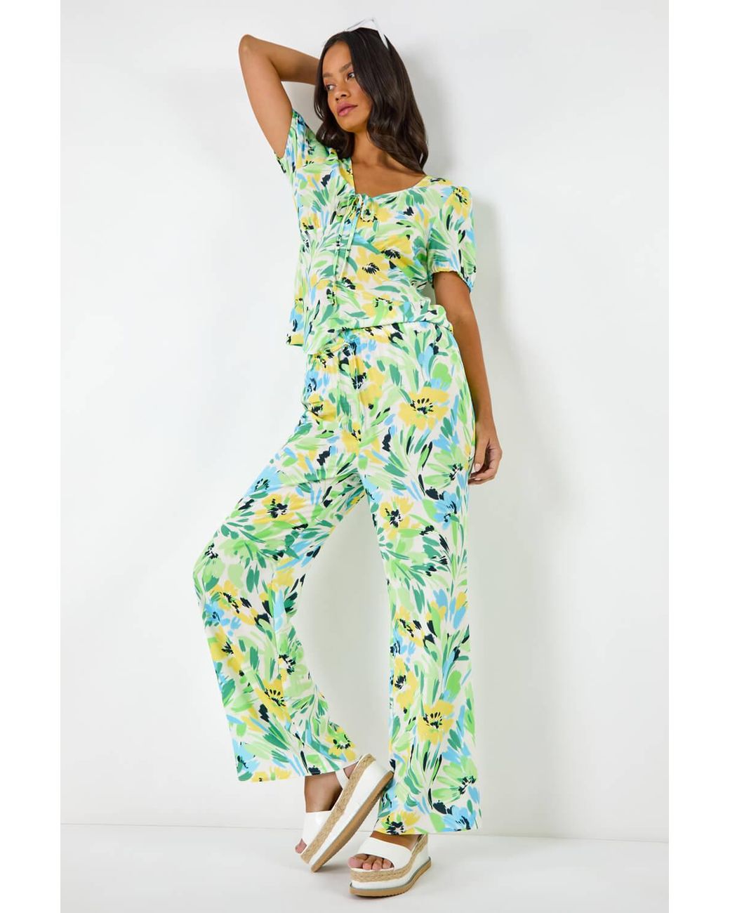 D.u.s.k Green Floral Print Wide Leg Trouser