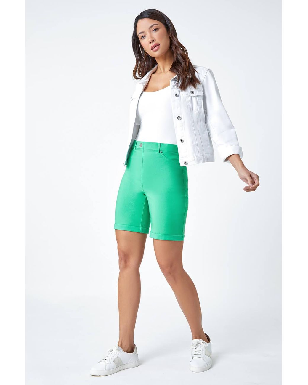 Roman Green Elastic Waist Turn Up Stretch Shorts