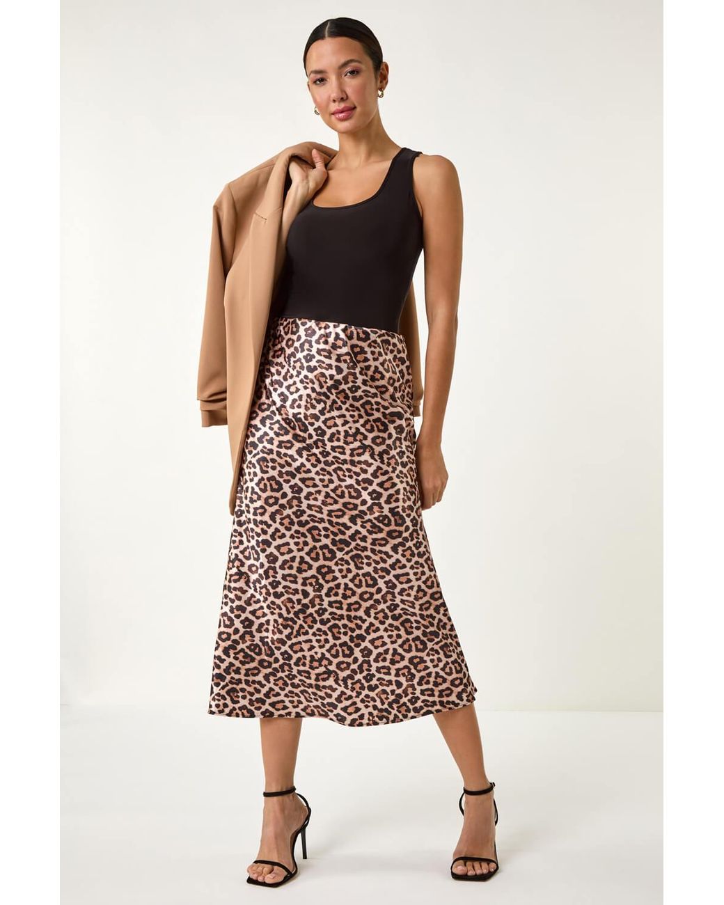 Roman Brown Woven Animal Print Satin Skirt