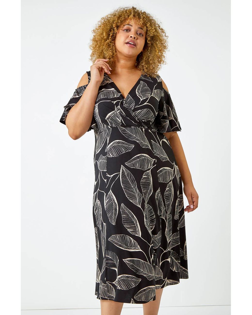 Roman Curve Black Cold Shoulder Floral Wrap Dress