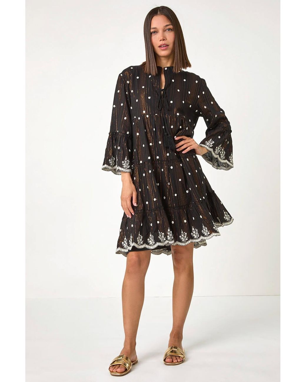 Roman Black Mirrored Shimmer Detail Cotton Smock Dress