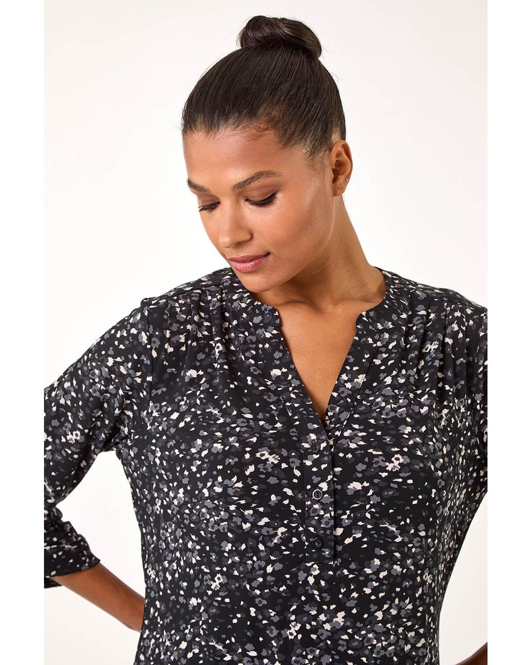 Roman Black Speckled Print Stretch Shirt