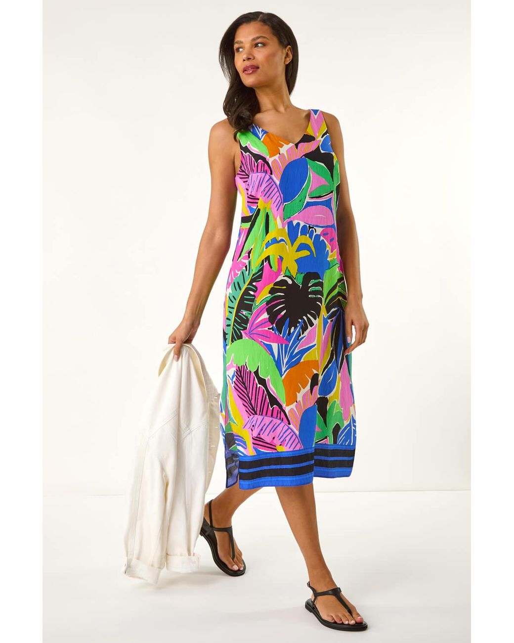 Roman White Tropical Print Midi Dress