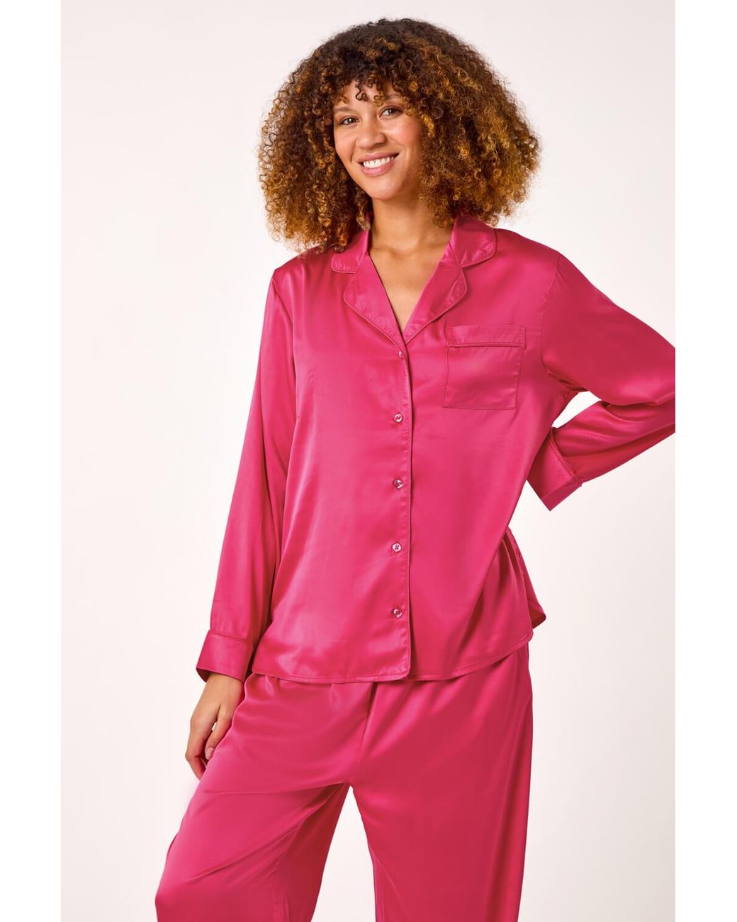 Roman Pink Satin Revere & Collar Pyjama Set