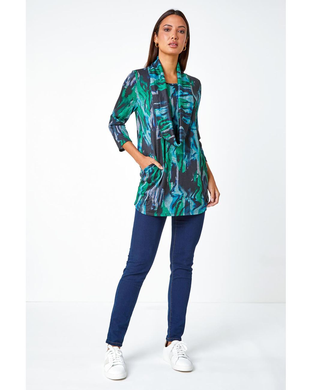 Roman Blue Marble Print Stretch Top With Snood