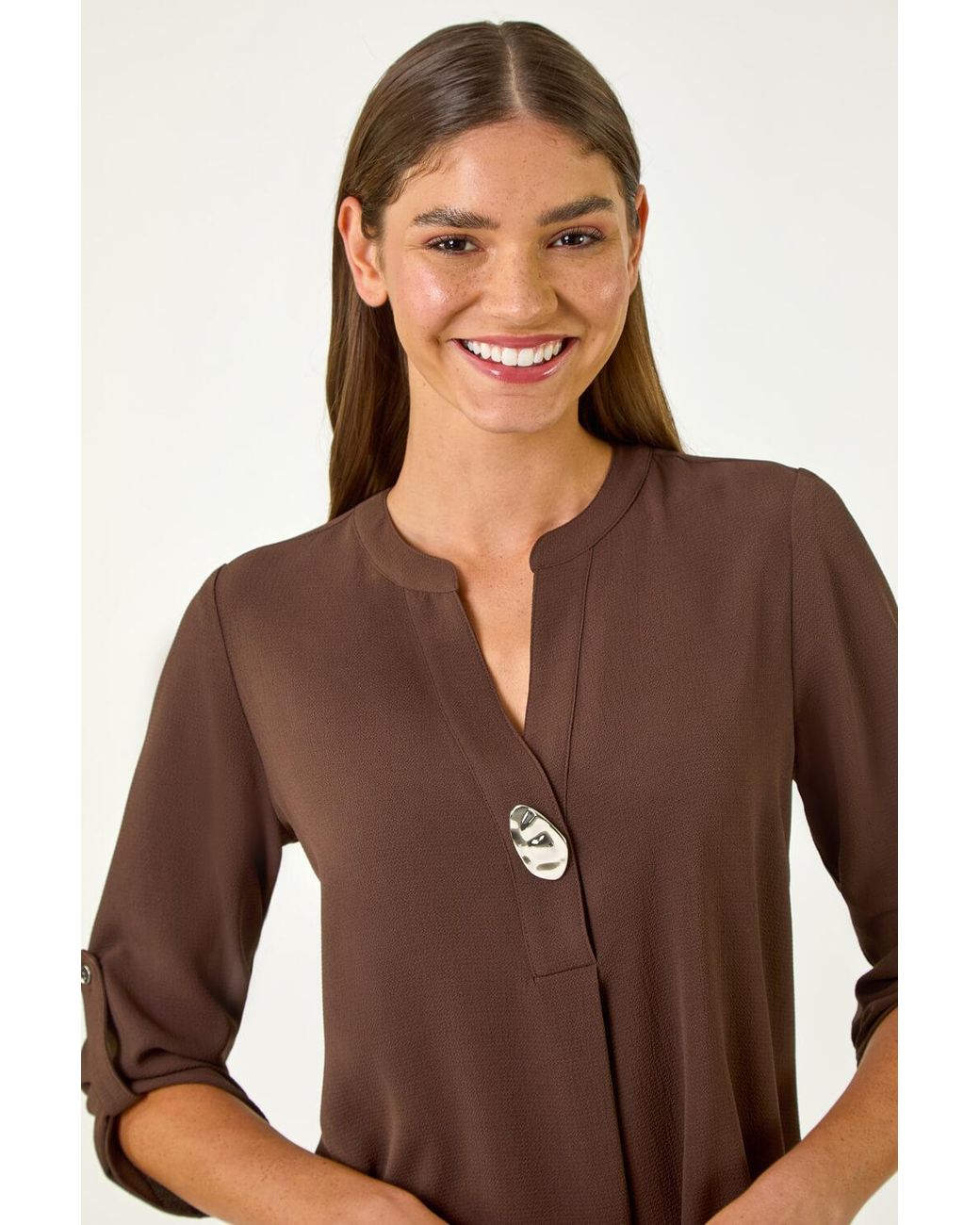 Roman Brown Button Detail Longline Blouse