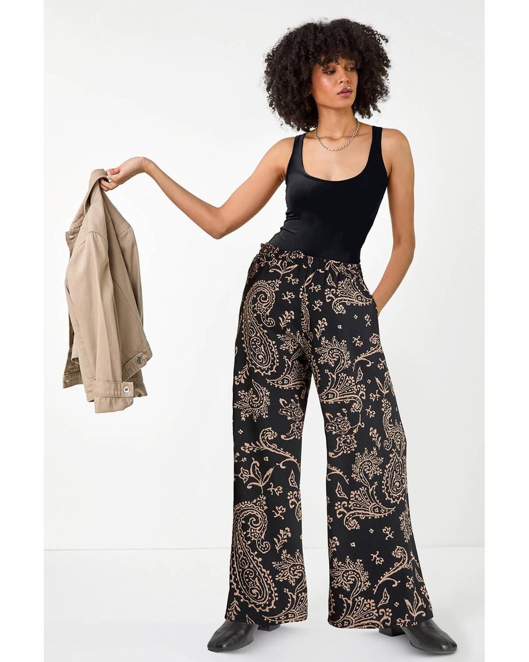 Roman Black Paisley Print Textured Jersey Trousers