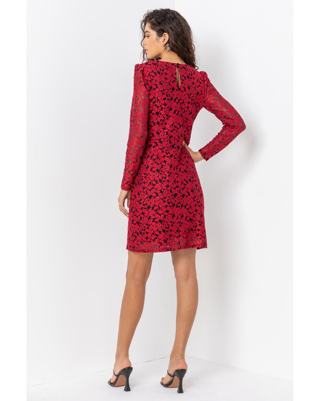 Roman Red Ruched Detail Lace Wrap Dress