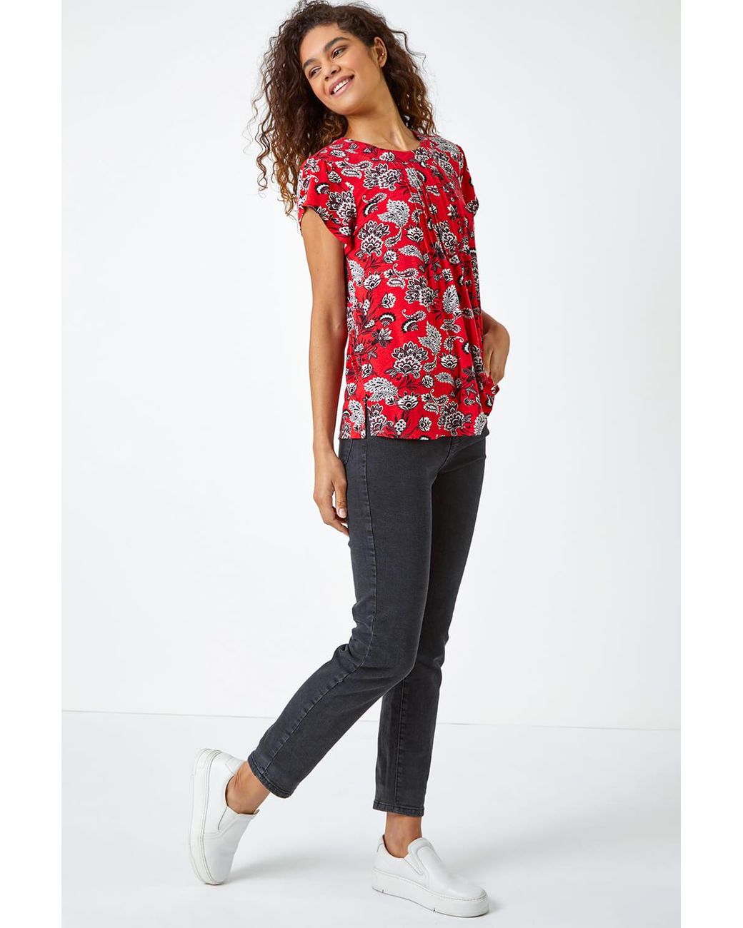 Roman Red Paisley Print Pleat Detail Blouse