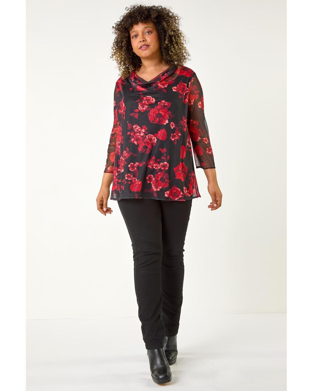 Roman Curve Red Floral Mesh Cowl Neck Top