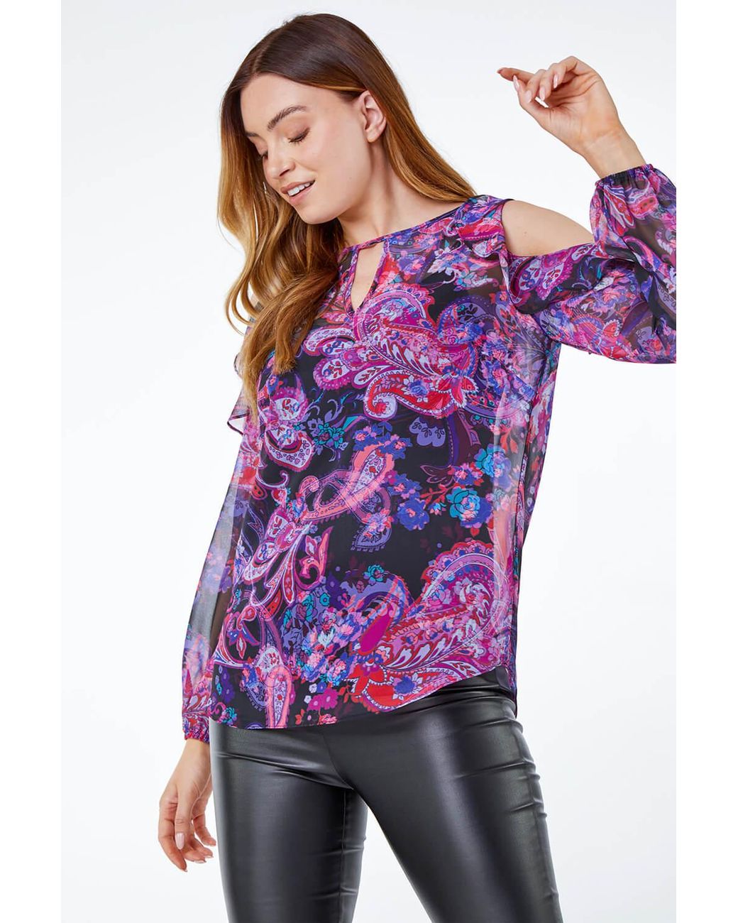 Roman Purple Paisley Cold Shoulder Frill Top