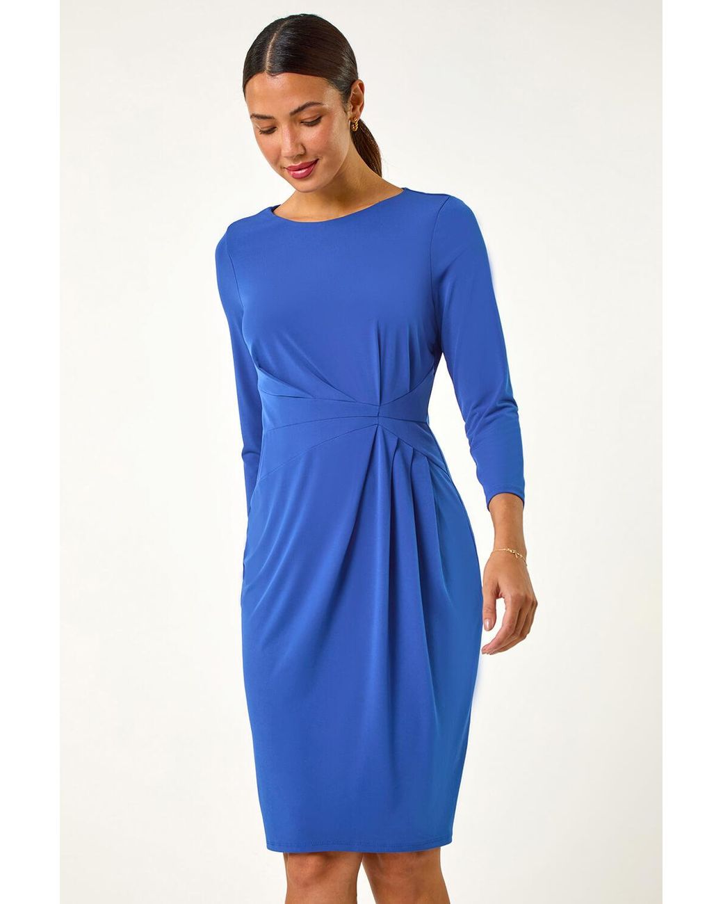 Roman Blue Stretch Side Ruched Midi Dress