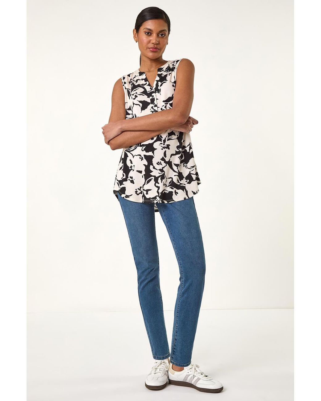 Roman Black Floral Print V-Neck Vest Top