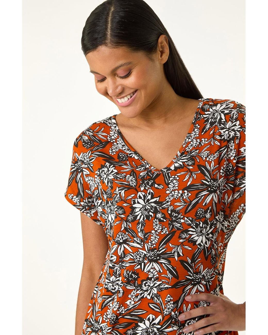 Roman Multicolor Printed V-Neck Banded Hem Top