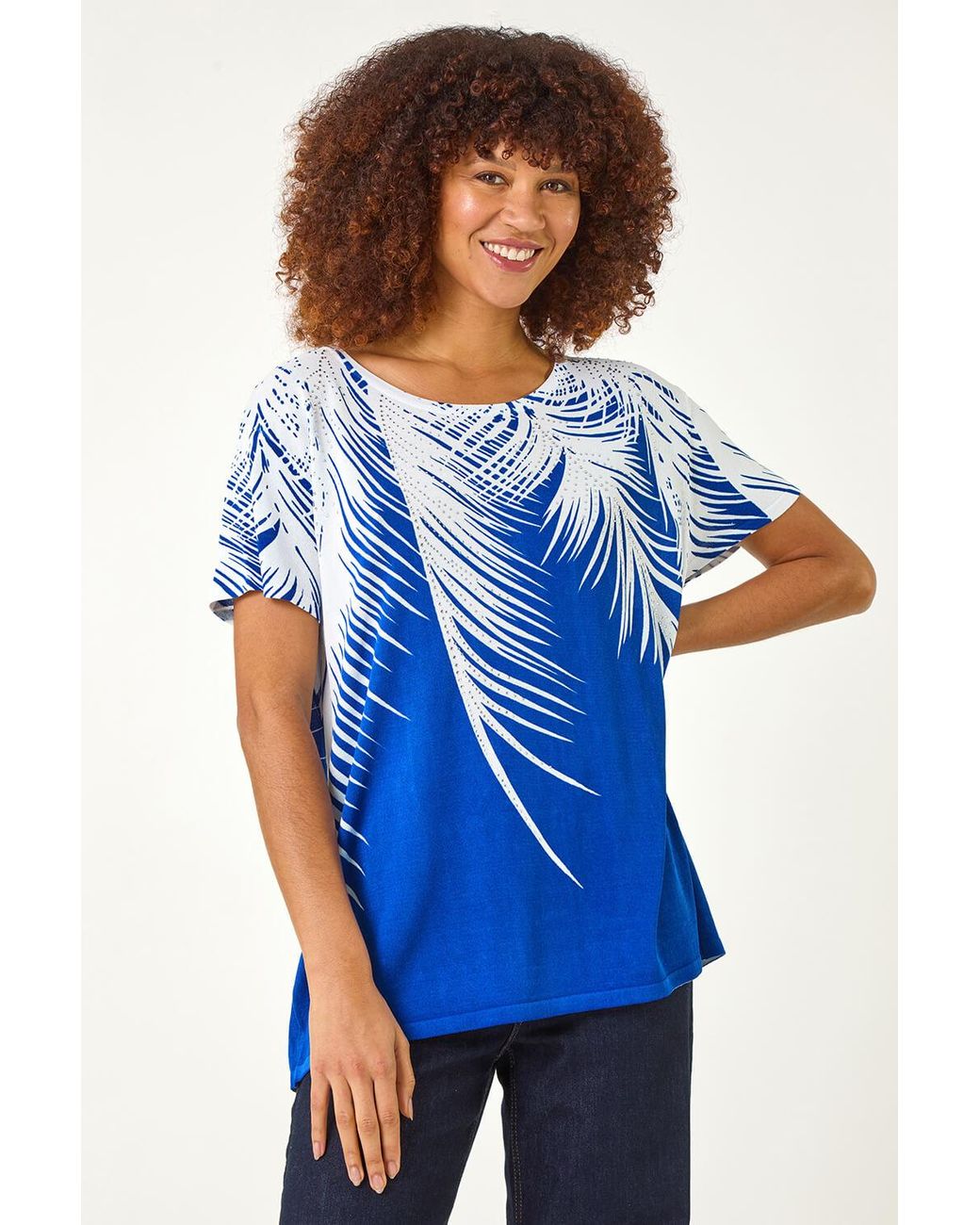 Roman Blue Palm Leaf Hotfit Knitted Top