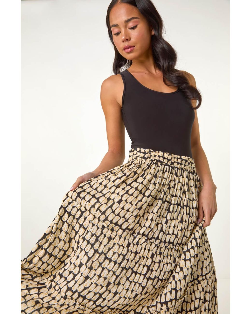 Roman Petite Black Printed Tiered Skirt
