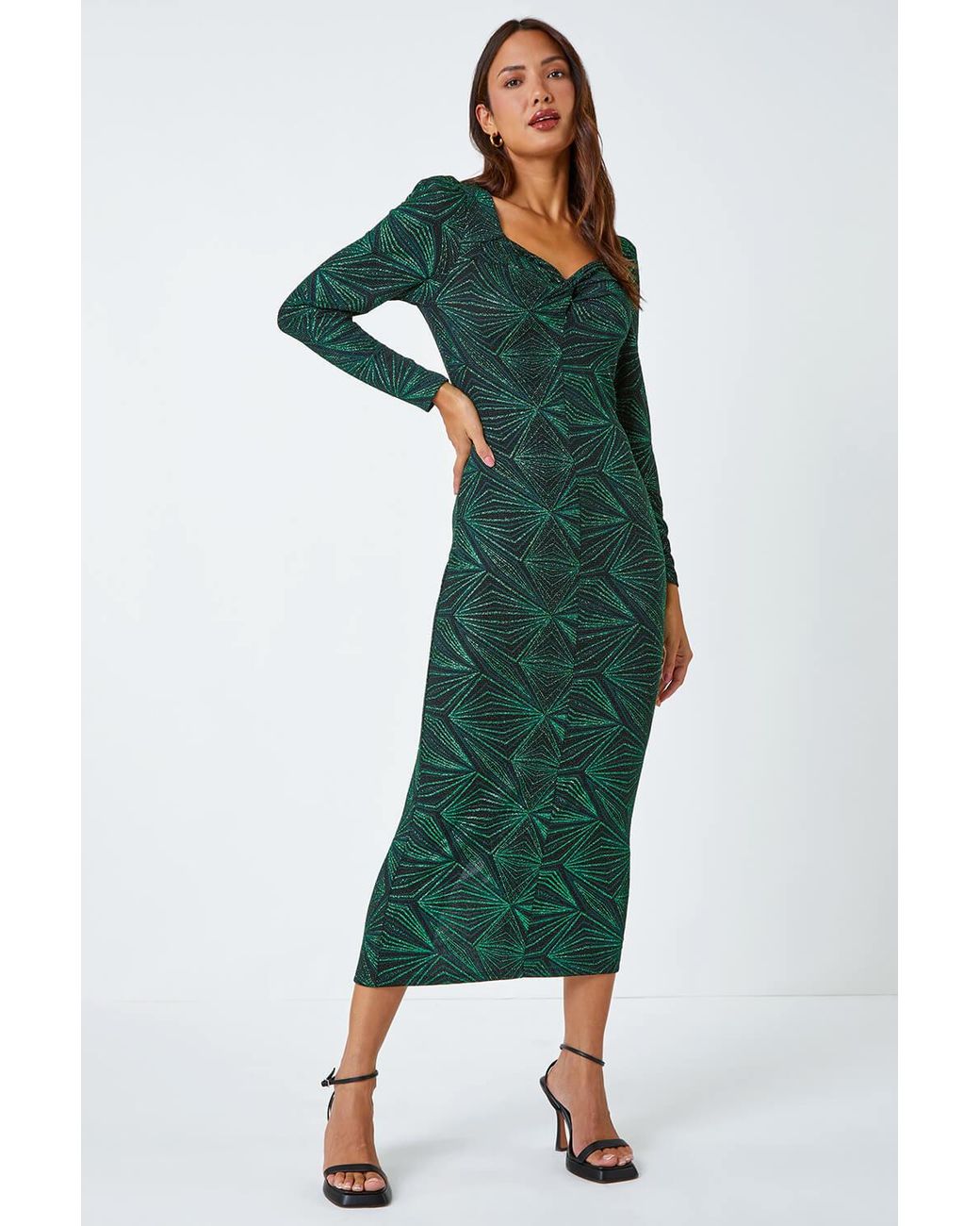Roman Green Geometric Glitter Print Midi Stretch Dress