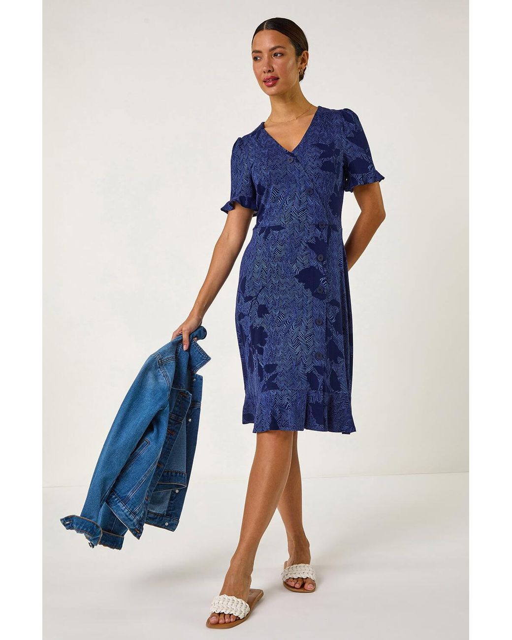 Roman Blue Floral Side Button Dress