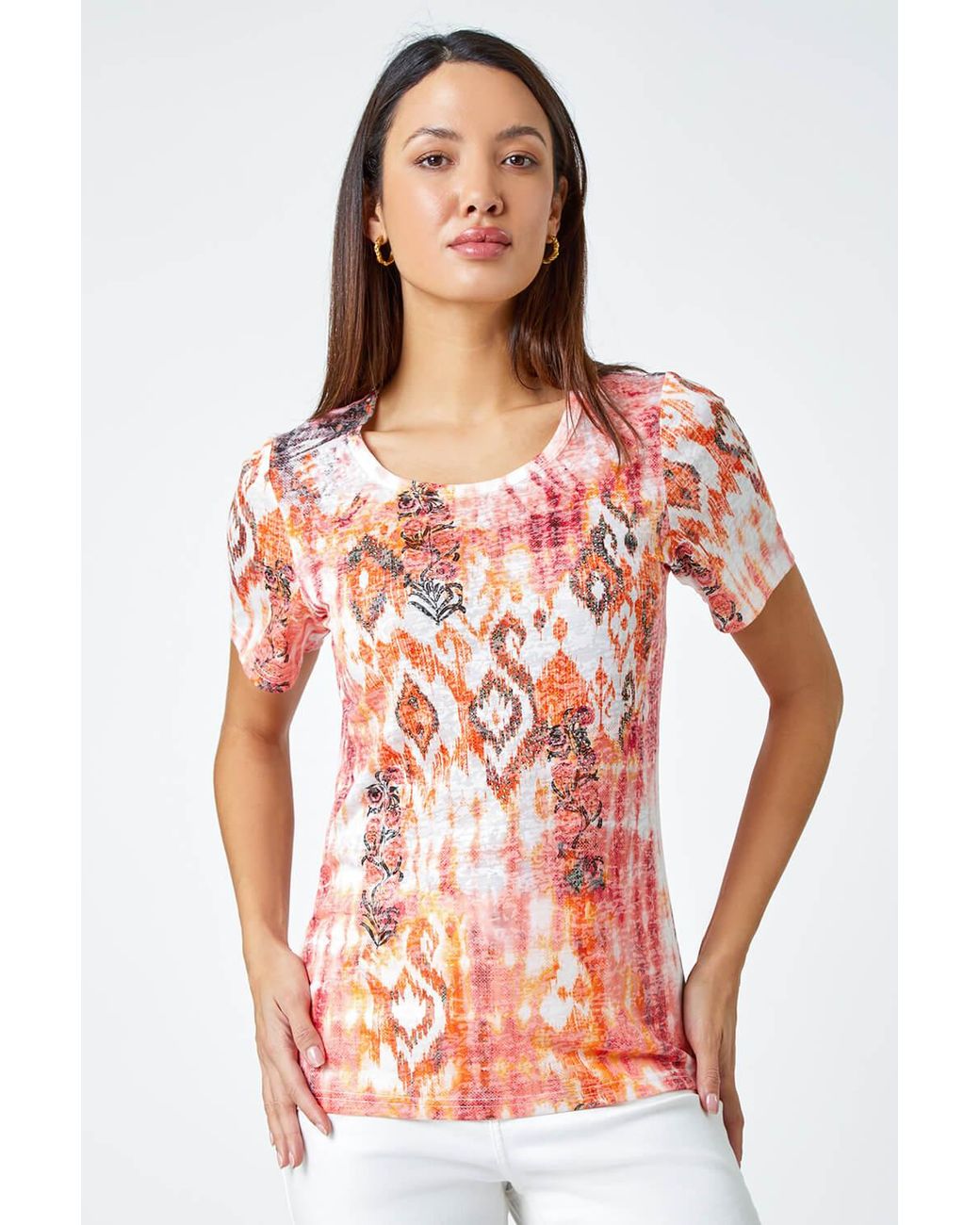 Roman Orange Burnout Aztec Print Diamante Top