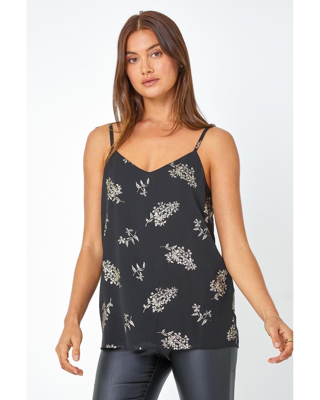 Roman Blue Metallic Floral Print Cami Top