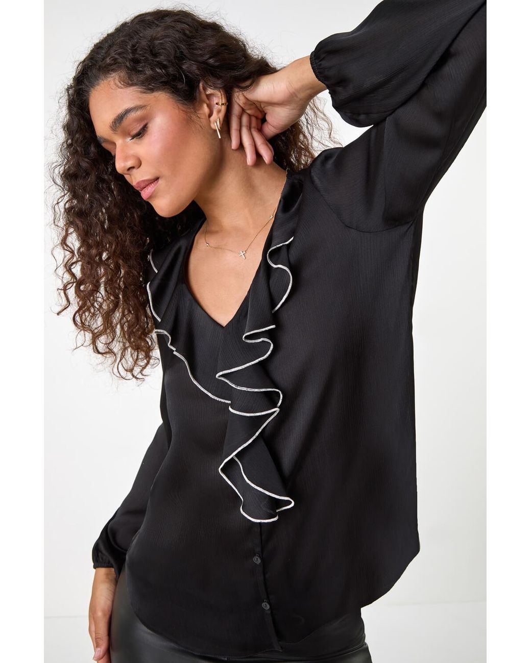 Roman Black Ruffle Front V-Neck Satin Blouse