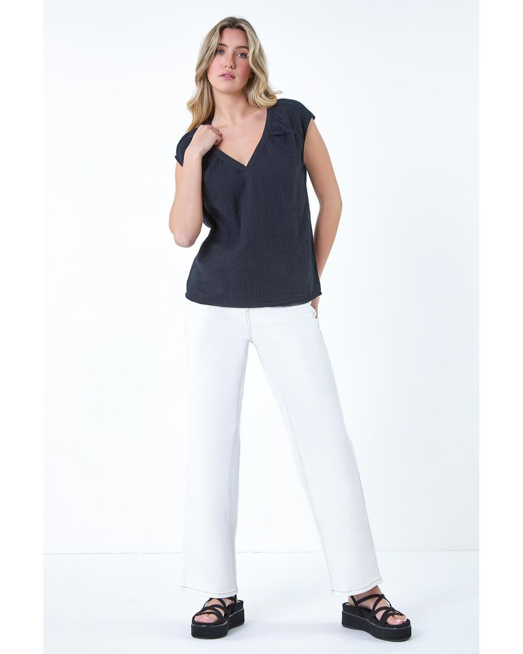 D.u.s.k Blue V-Neck Pleated Cotton Top