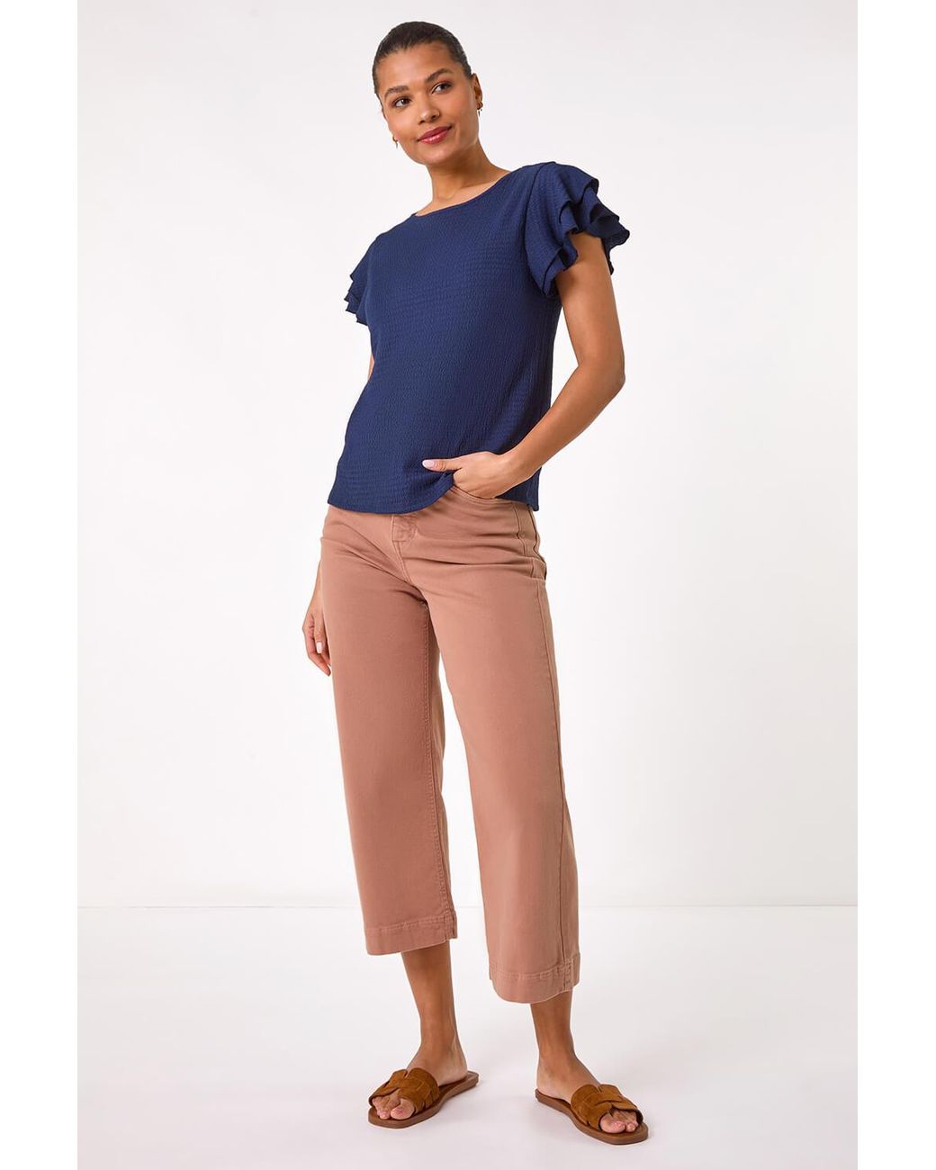 Roman Blue Textured Frill Sleeve T-Shirt