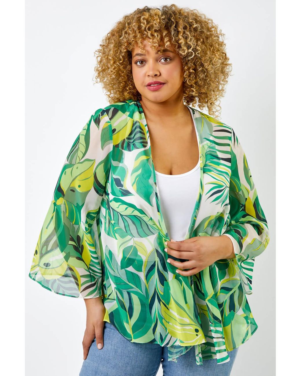 Roman Curve Green Tropical Leaf Print Kimono