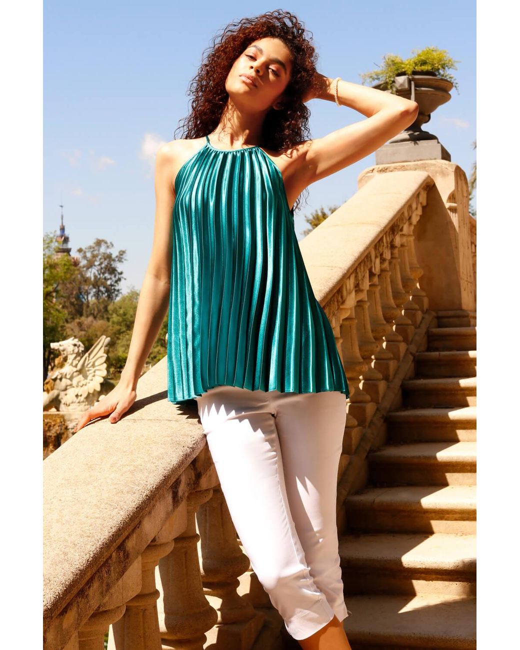 Roman Blue Pleated Halter Neck Top