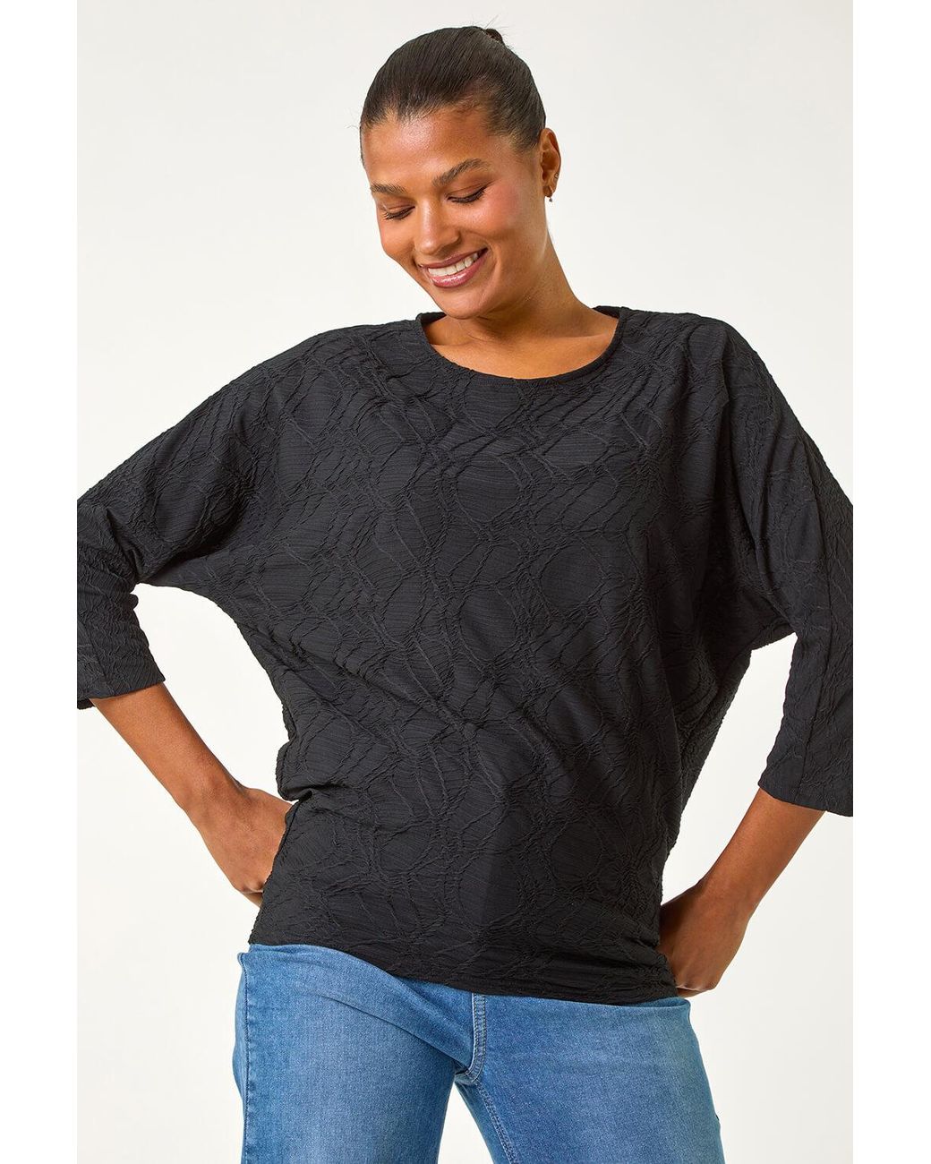 Roman Blue Textured Batwing Sleeve Top