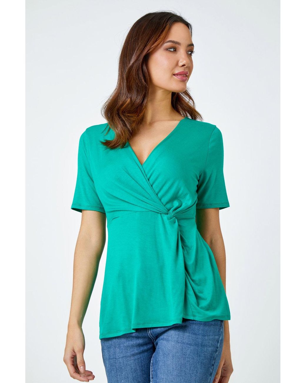 Roman Green Side Twist V-Neck Wrap Top