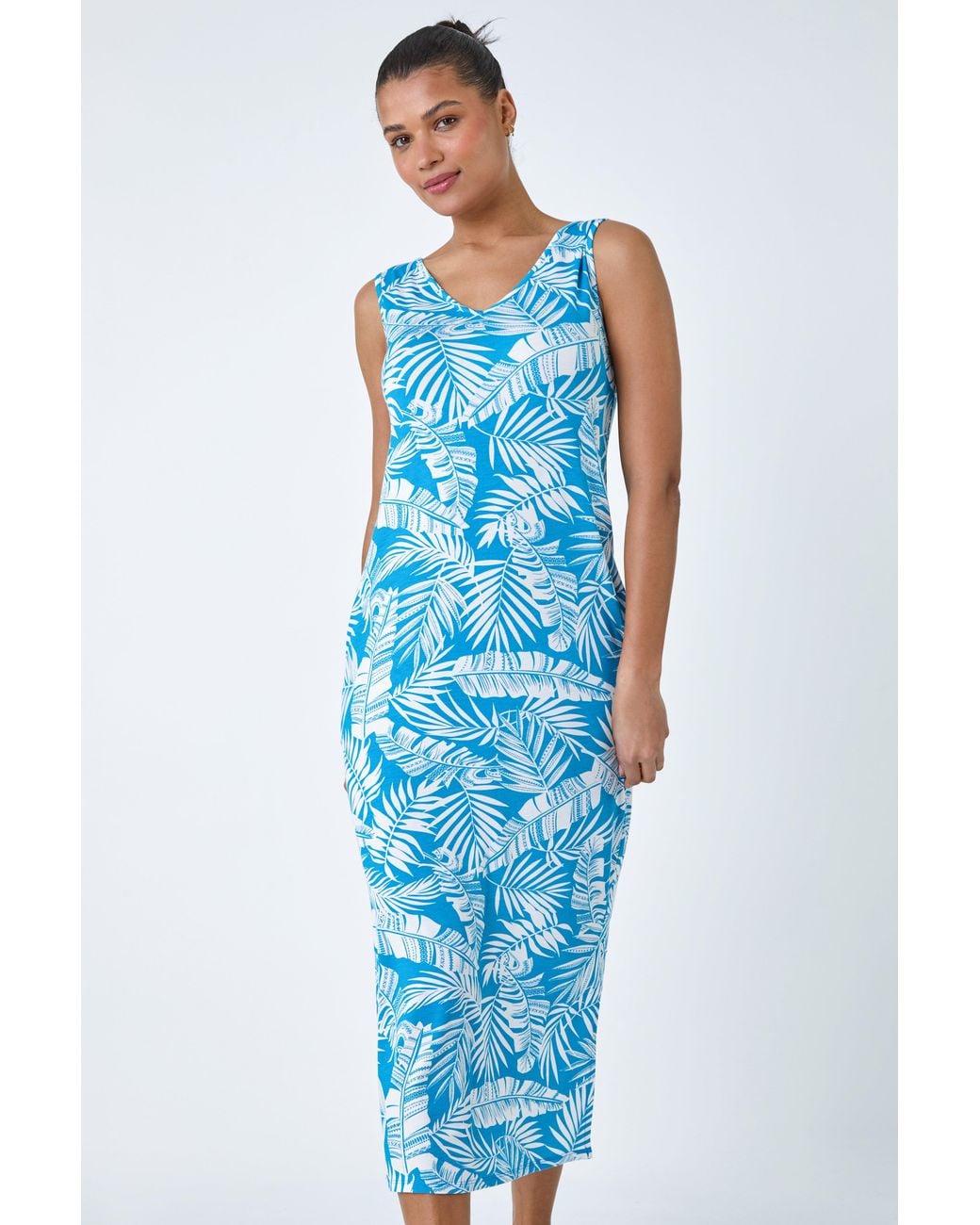 Roman Blue Leaf Print Stretch Midi Dress