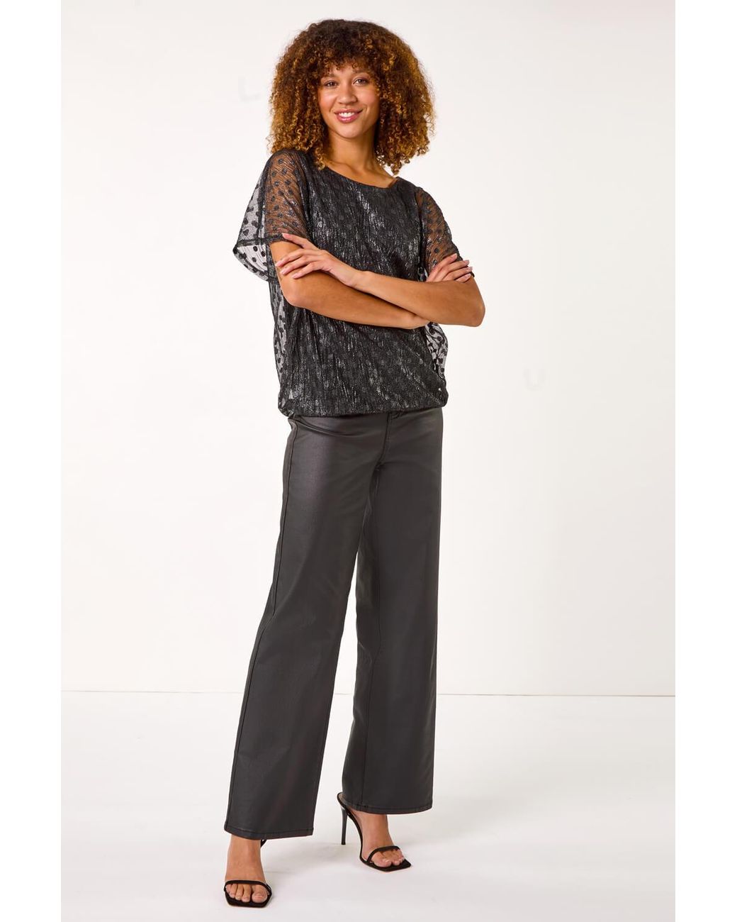 Roman Black Dobby Print Plisse Bubble Hem Top