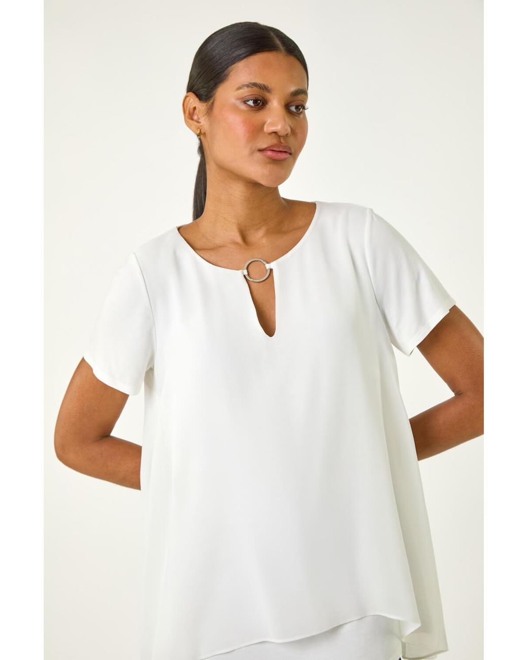 Roman White Ring Front Chiffon Overlay Top