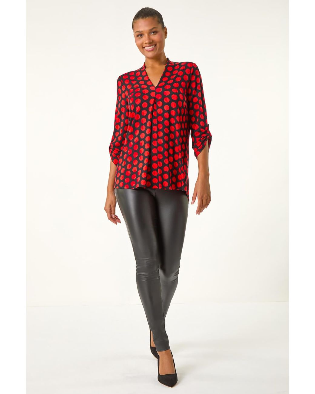 Roman Red Spot Print Pleat Front Top