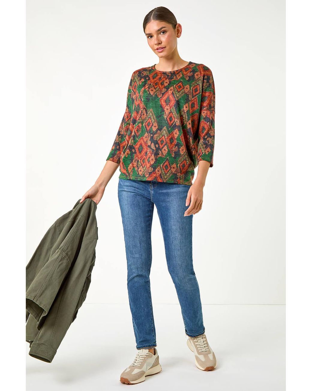 Roman Green Abstract Aztec Print Top