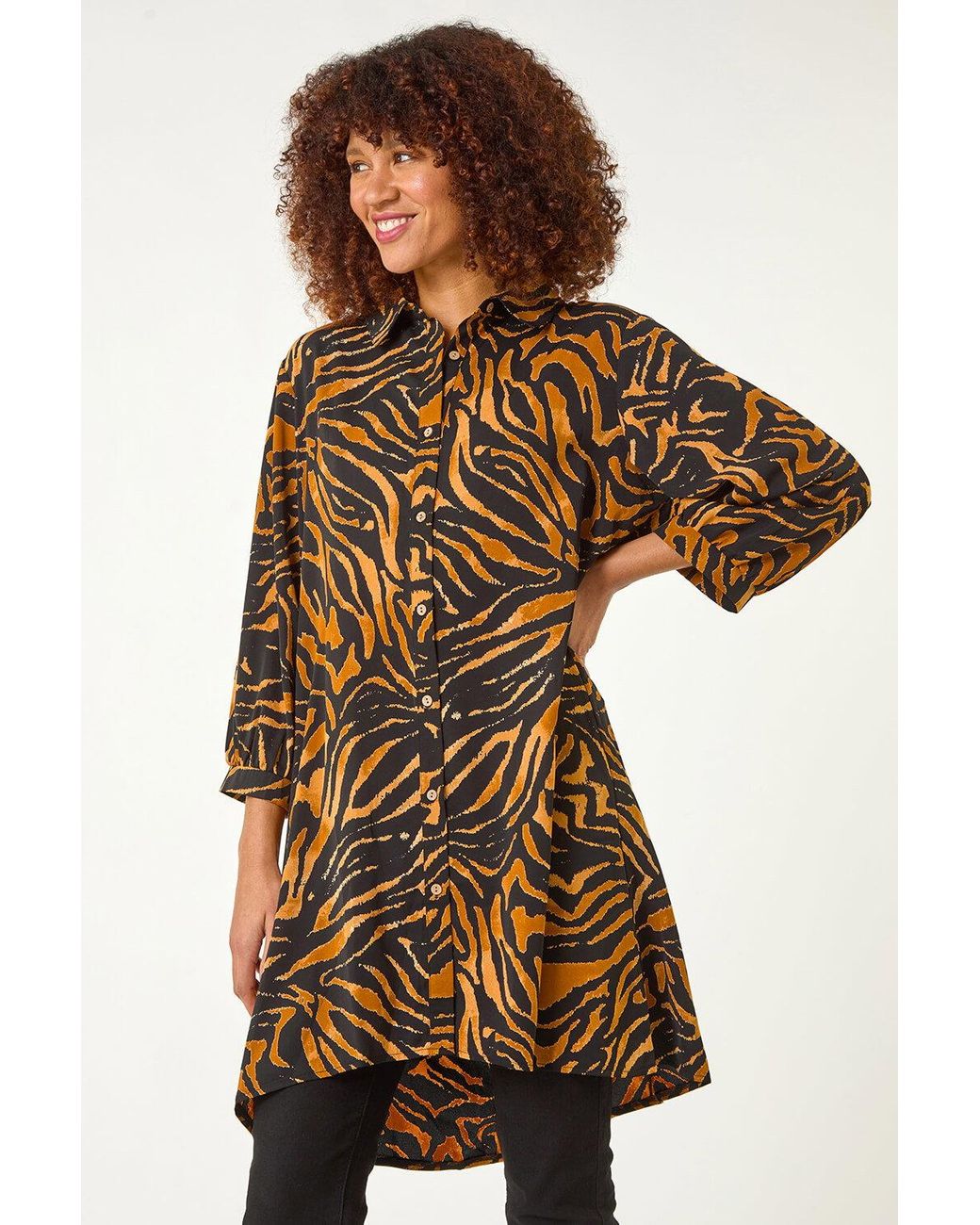 Roman Natural Animal Print V-Neck Longline Blouse