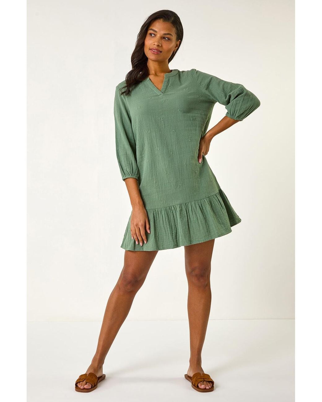 Roman Green Textured V-Neck Smock Dress