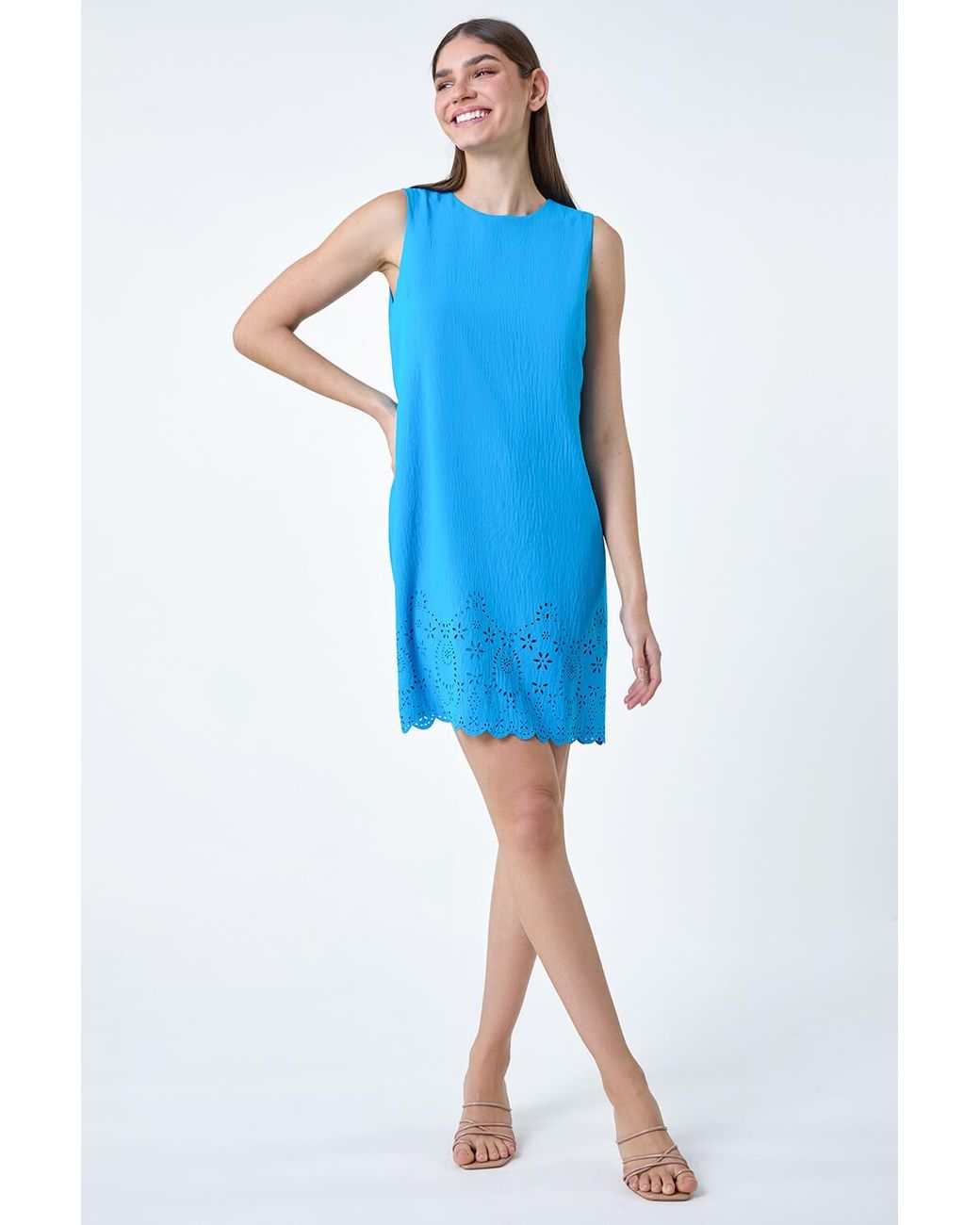Roman Blue Floral Hem Textured Shift Dress