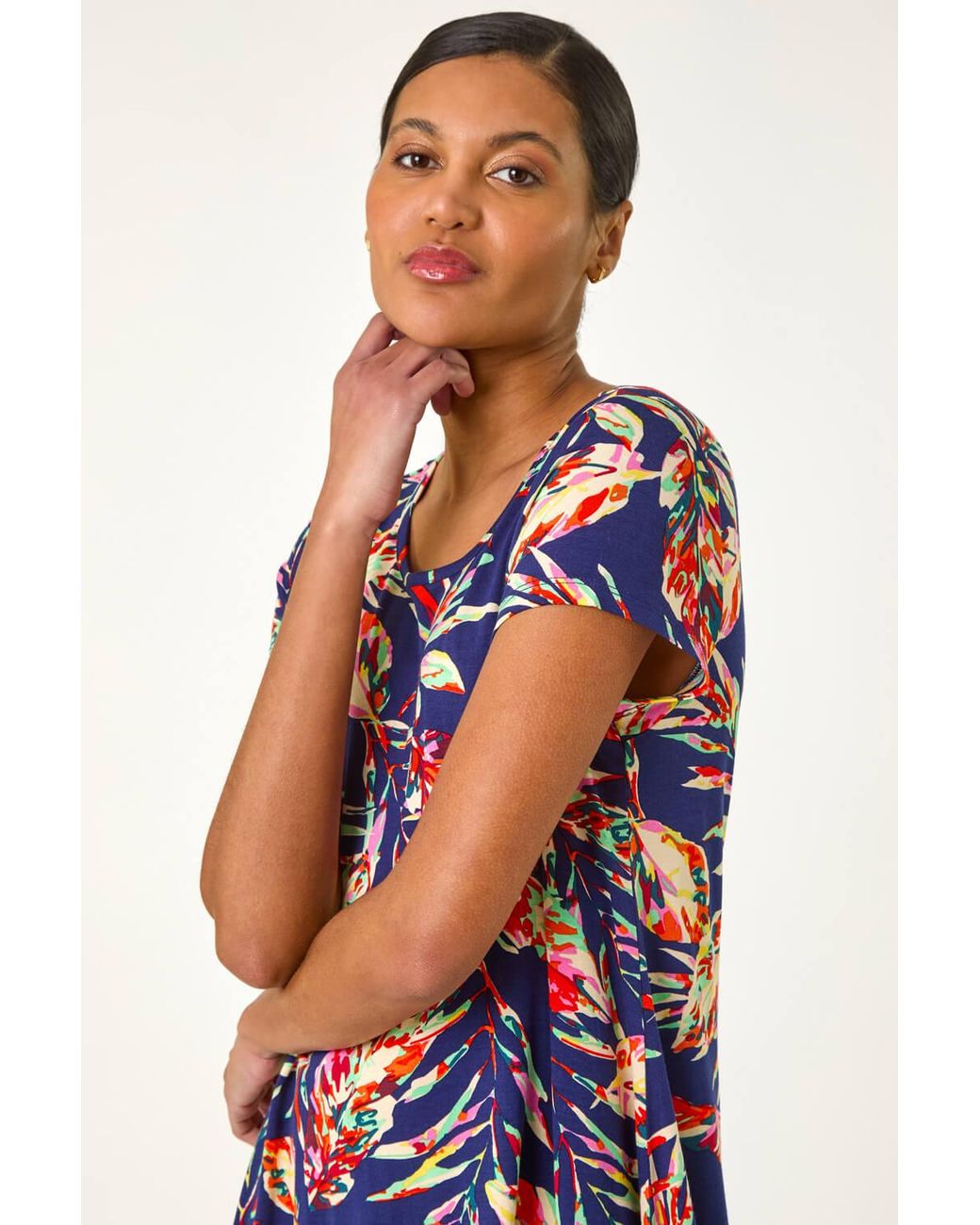 Roman Blue Leaf Print Hanky Hem Tunic Stretch Top