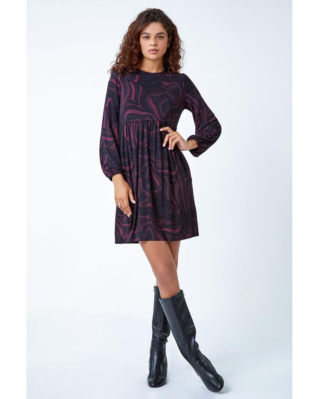 Roman Blue Swirl Print Pocket Stretch Smock Dress